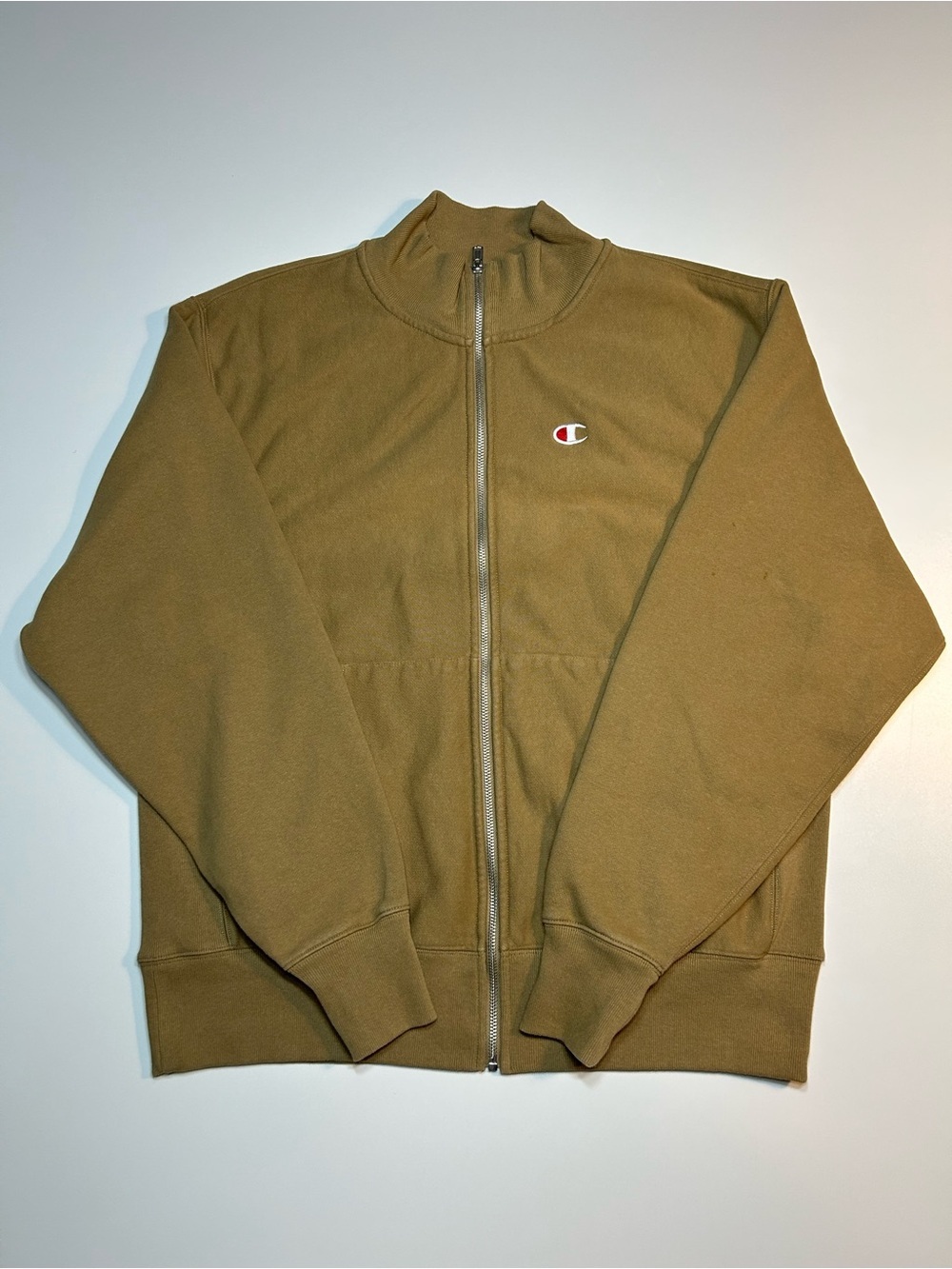 Champion Reverse Weave Full Zip Mock Neck Jacket Sweatshirt Khaki